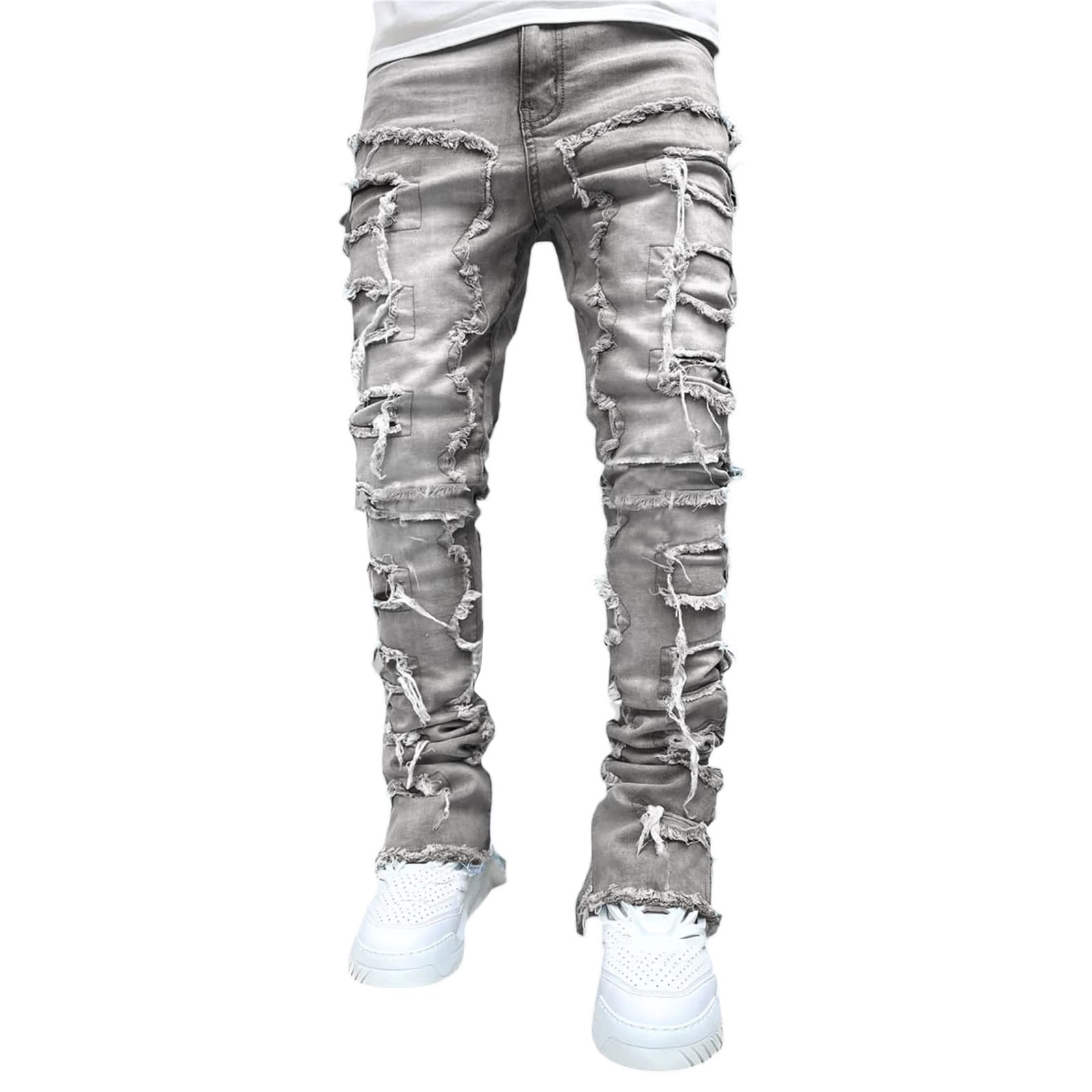Ins Fringes Ripped Trousers Individual Patched Pants Long Tight Fit Stacked Jeans For Mens Clothing - image 5