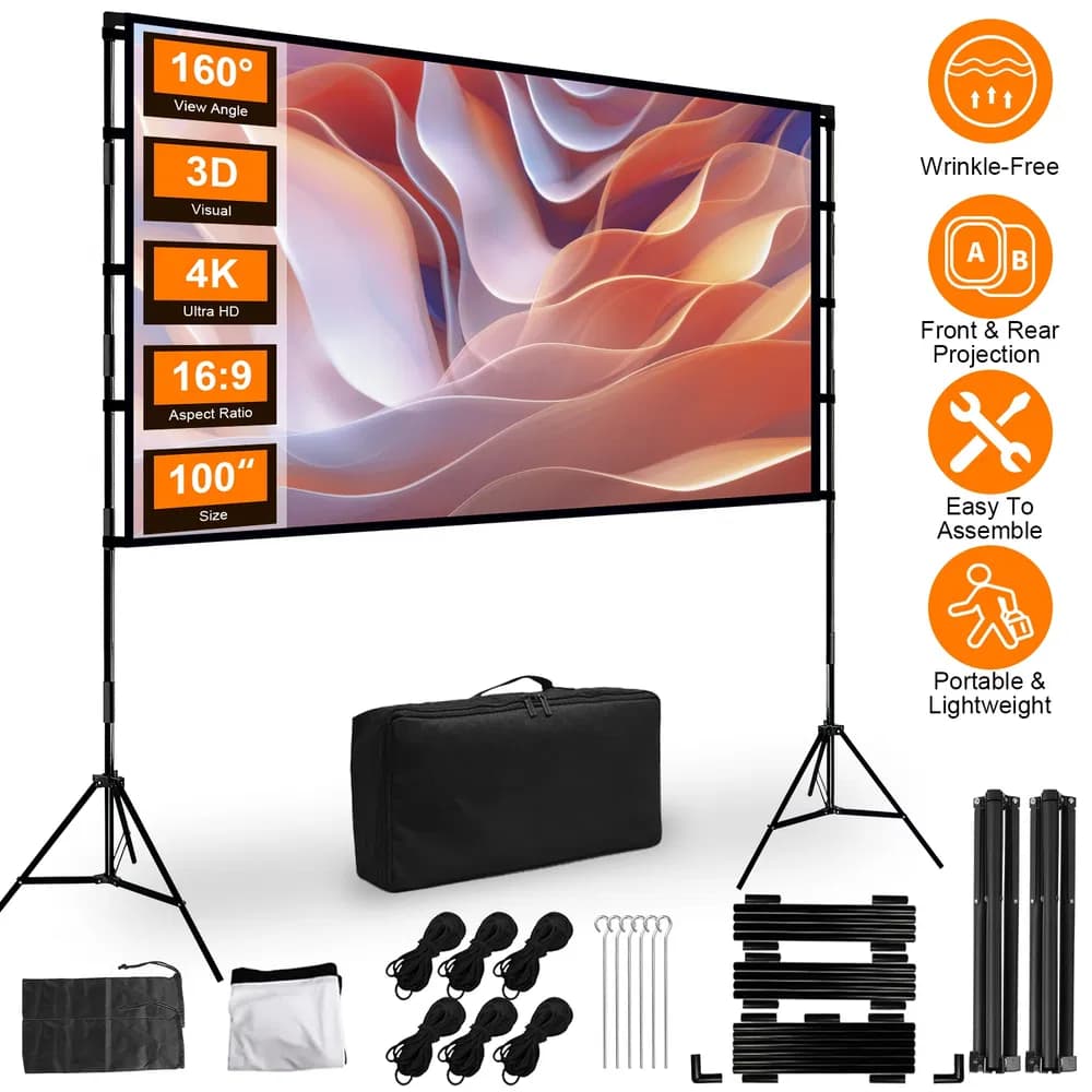 100inch/120inch Options Projector Screen With Stand 16:9 4K HD Rear Front Wrinkle-Free Portable And Foldable Movie Screen With Carry Bag For Indoor Outdoor Home Theater Backyard Cinema - image 6
