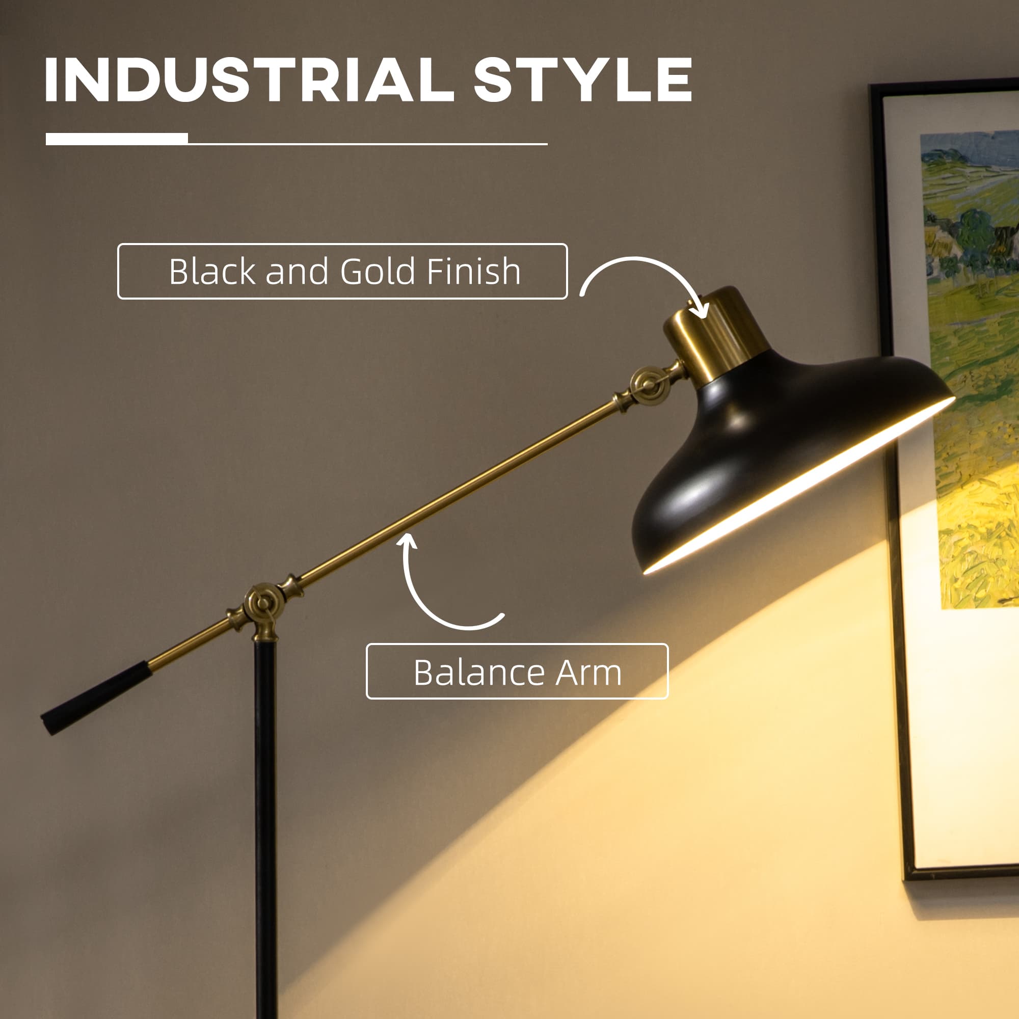 Adjustable Floor Lamps for Living Room, Standing Lamp for Bedroom with Balance Arm, Tall Black and Gold Lamp - image 5