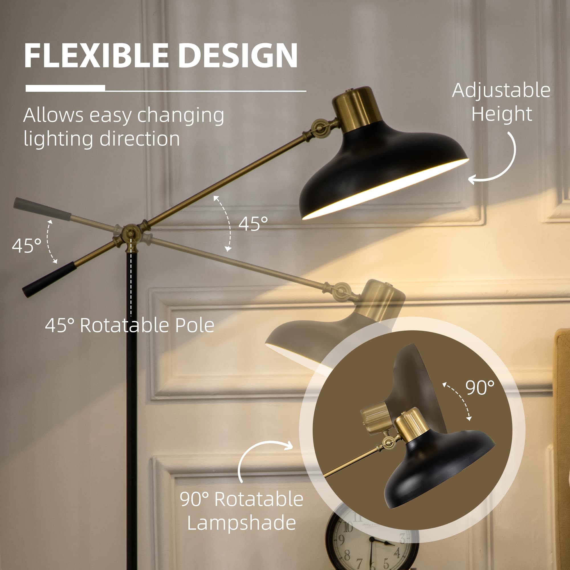 Adjustable Floor Lamps for Living Room, Standing Lamp for Bedroom with Balance Arm, Tall Black and Gold Lamp - image 8