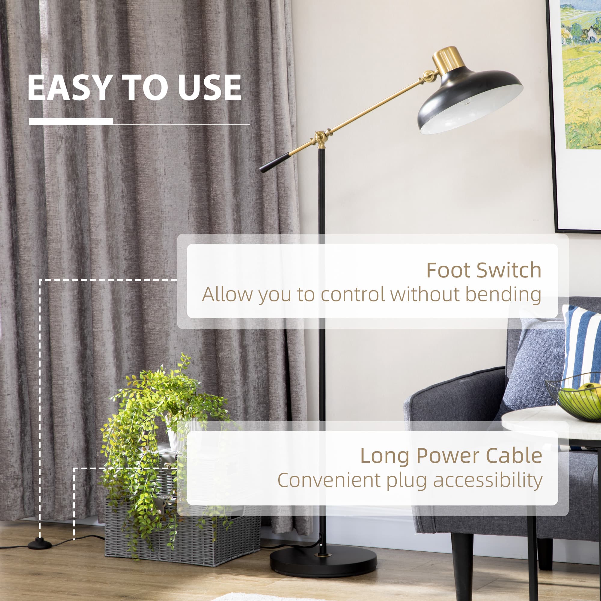 Adjustable Floor Lamps for Living Room, Standing Lamp for Bedroom with Balance Arm, Tall Black and Gold Lamp - image 3