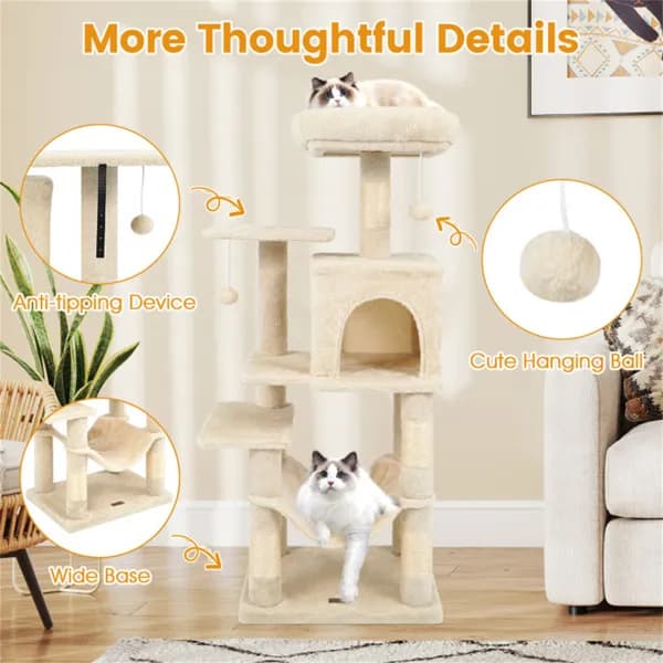 44" Multi-Level Cat Tree With Spacious Top Perch, 2-Door Condo & Hammock For Indoor Cats -Beige - image 3