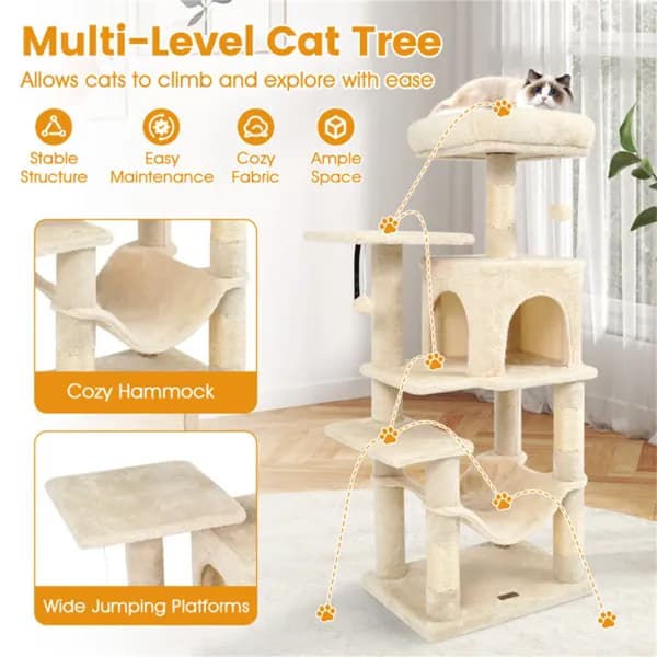 44" Multi-Level Cat Tree With Spacious Top Perch, 2-Door Condo & Hammock For Indoor Cats -Beige - image 5