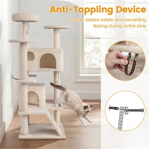 52" Tall Cat Tree Tower With Perches & Condos, Multi-Cat Playground With Scratching Posts (Beige) - image 2