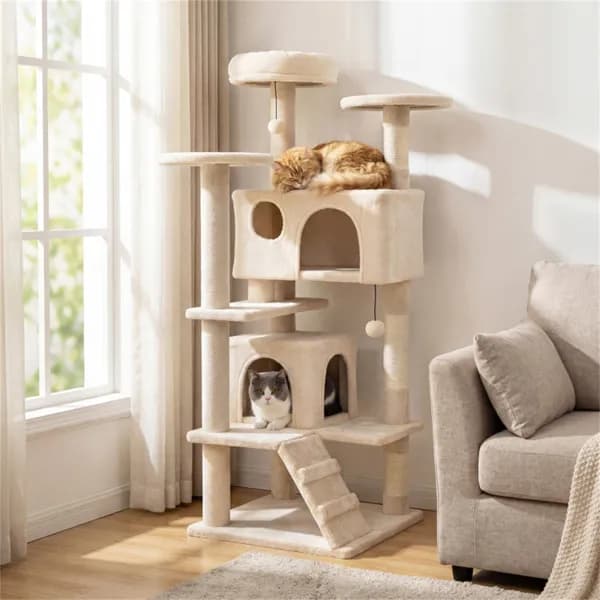 52" Tall Cat Tree Tower With Perches & Condos, Multi-Cat Playground With Scratching Posts (Beige) - image 3