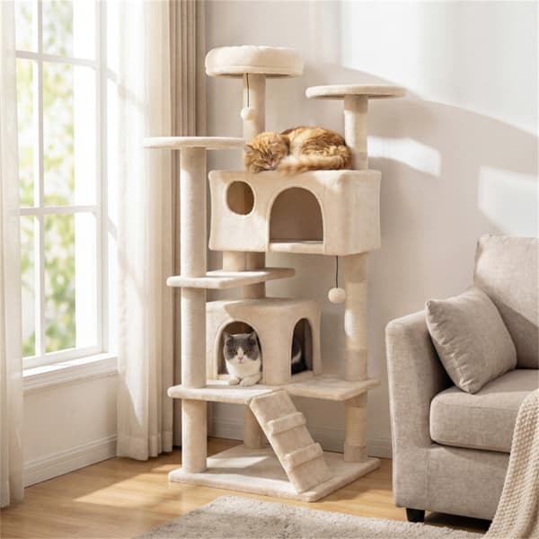 52" Tall Cat Tree Tower With Perches & Condos, Multi-Cat Playground With Scratching Posts (Beige) - image 6
