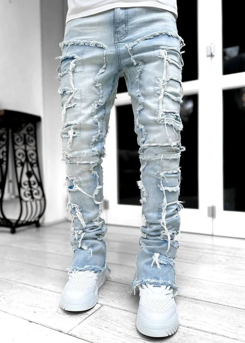 Ins Fringes Ripped Trousers Individual Patched Pants Long Tight Fit Stacked Jeans For Mens Clothing - image 7