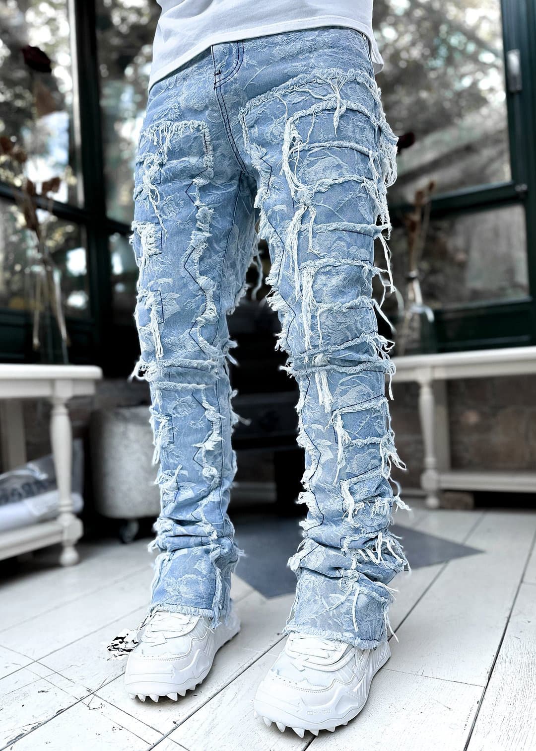 Ins Fringes Ripped Trousers Individual Patched Pants Long Tight Fit Stacked Jeans For Mens Clothing - image 8