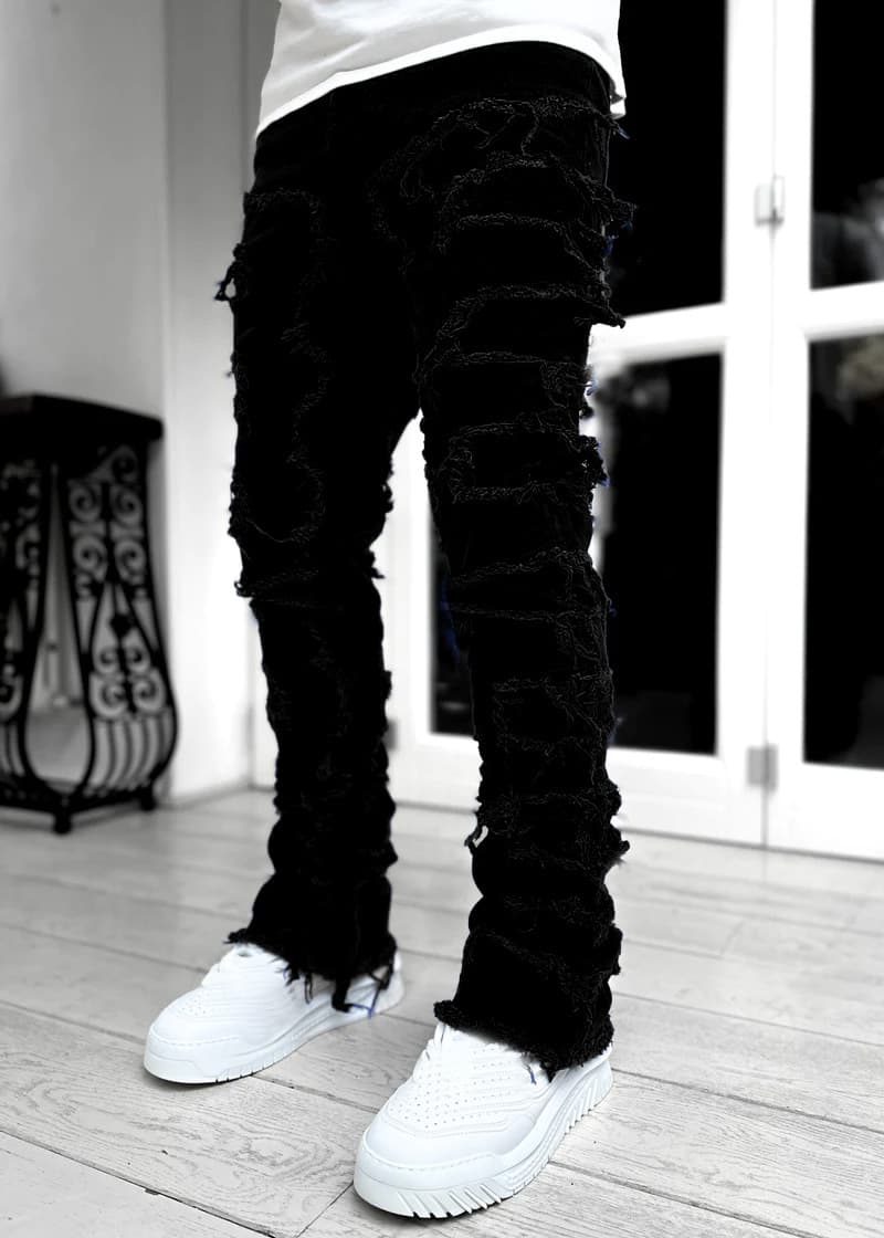 Ins Fringes Ripped Trousers Individual Patched Pants Long Tight Fit Stacked Jeans For Mens Clothing - image 3