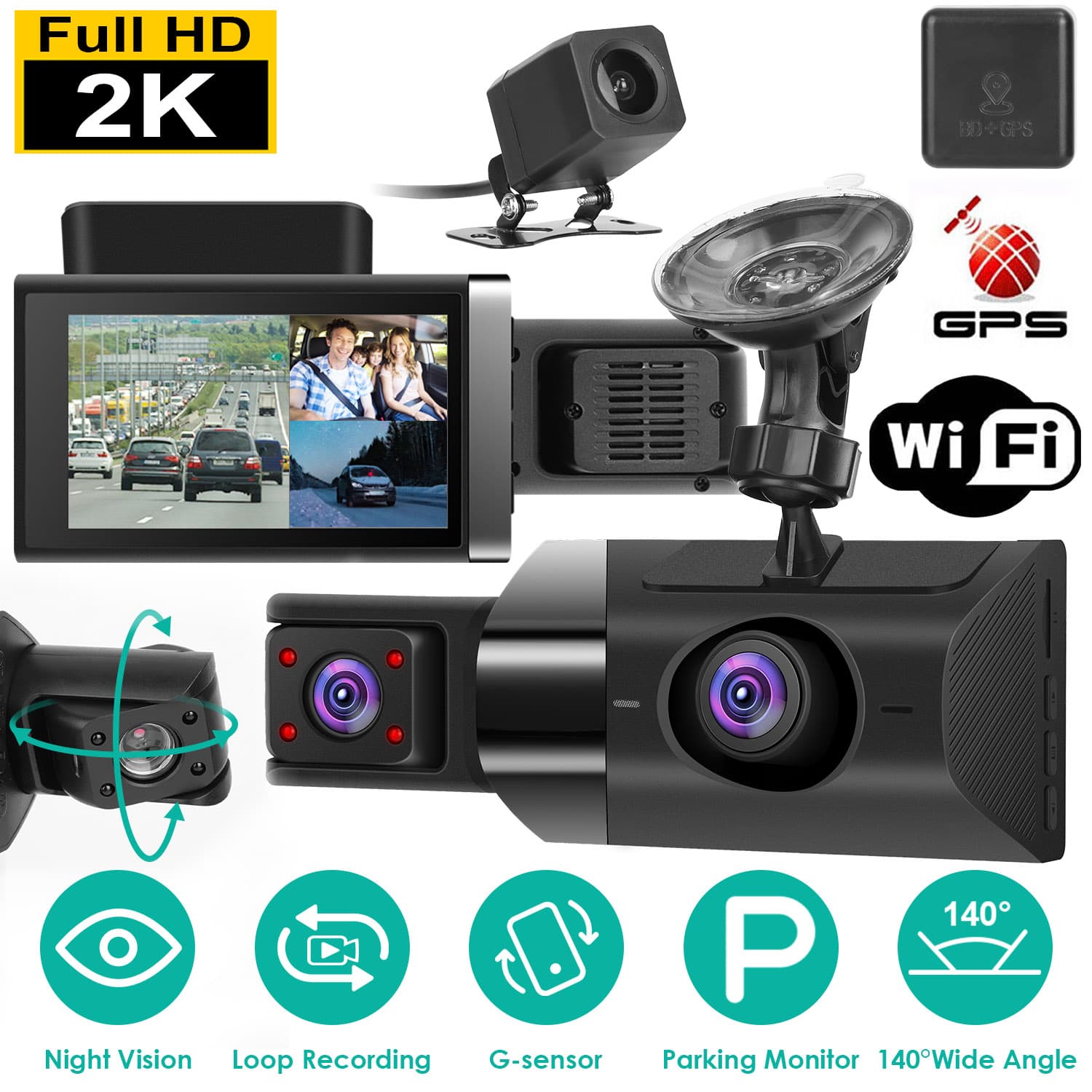 2K Car DVR 3 Channel Dash Cam Camcorder Camera Recorder With 140 Degree Angle GPS WiFi Night Vision G-sensor Loop Recording Parking Monitor - image 7