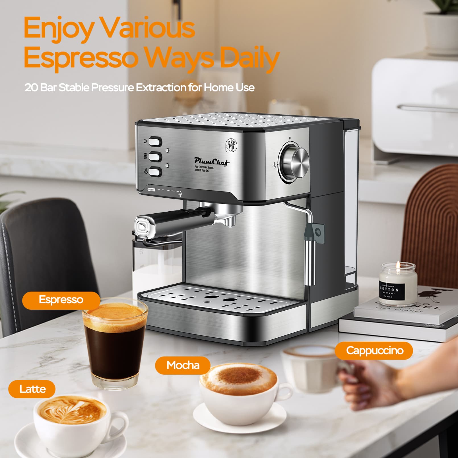 20 Bar Espresso Machine With Milk Frother, Single & Double Shot, ESE Pod Compatible, Visual Display Of Pressure, Removable Water Tank, Cappuccino, Latte, Machiato, Amazon Resale Prohibited - image 4