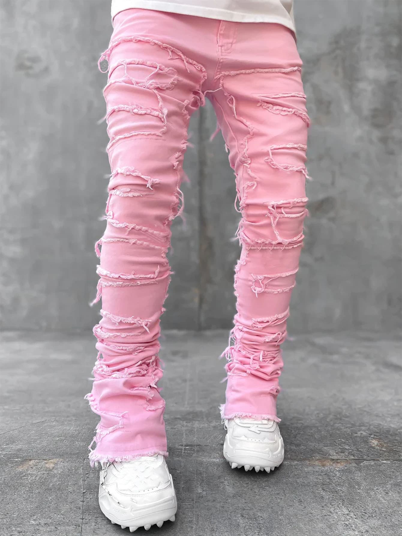 Ins Fringes Ripped Trousers Individual Patched Pants Long Tight Fit Stacked Jeans For Mens Clothing - image 2
