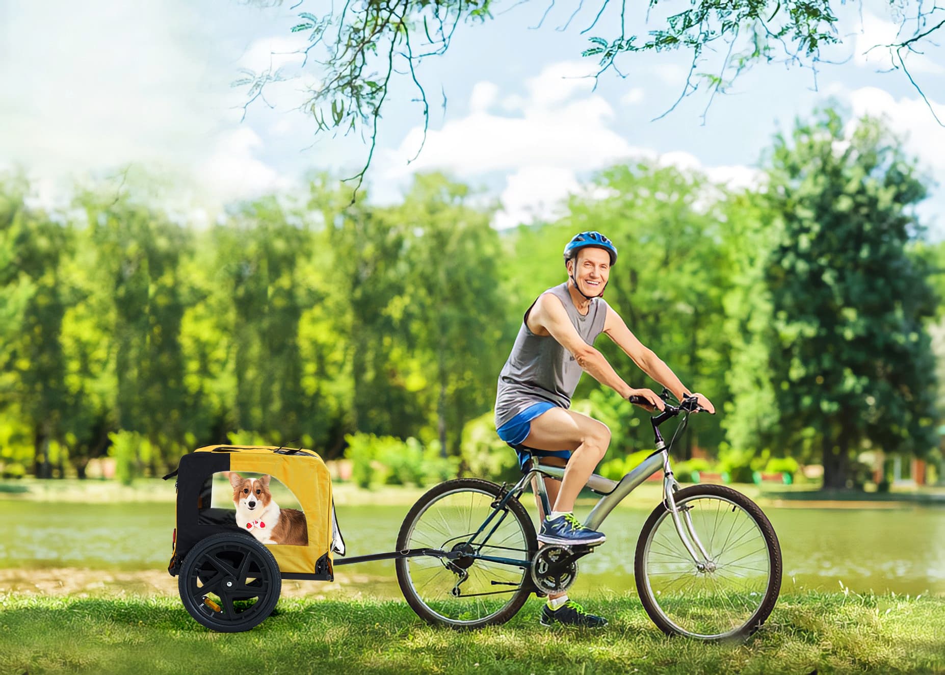 Yellow Outdoor Heavy Duty Foldable Practical Pet Stroller Dog Carrier With Bicycle Tow - image 7