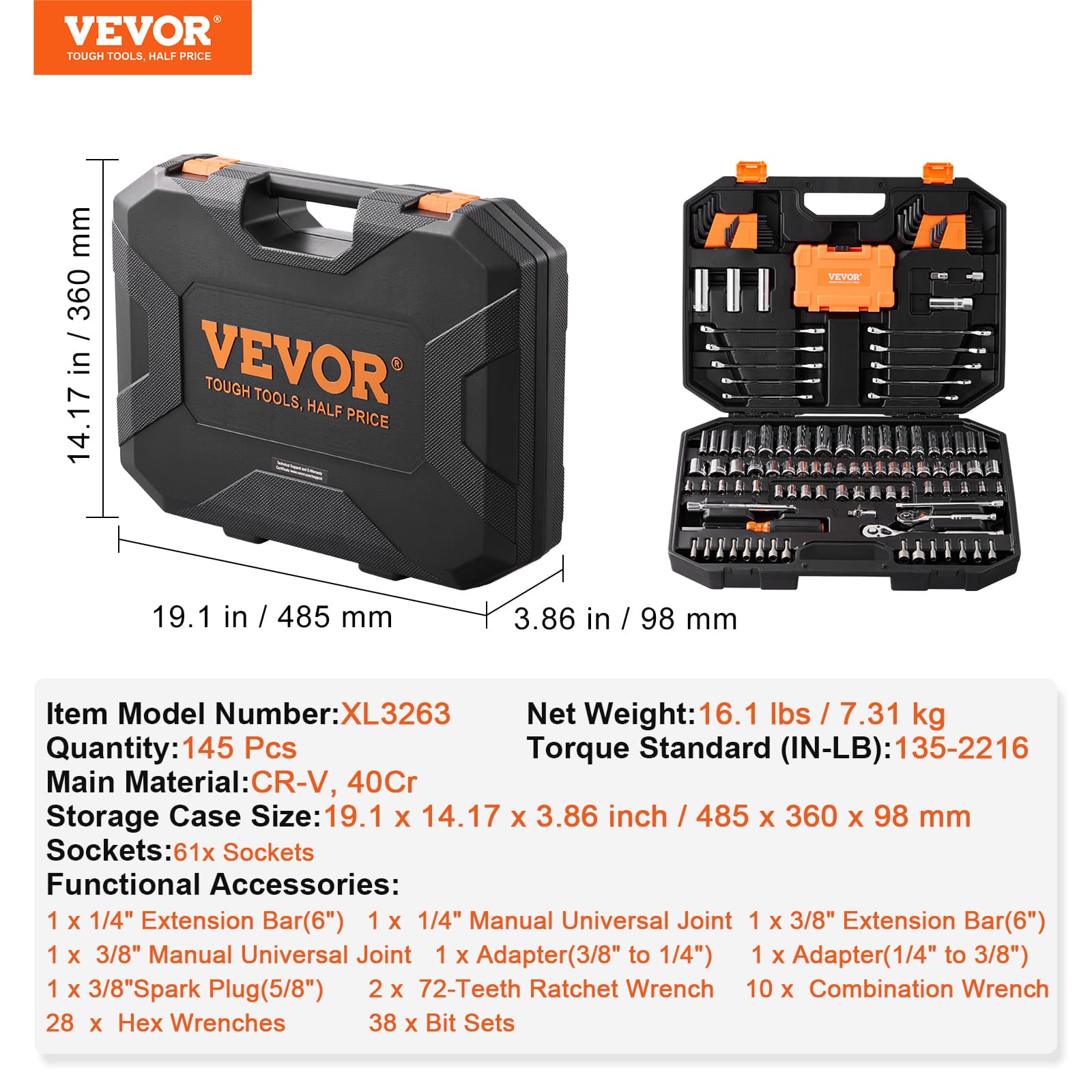 VEVOR Mechanics Tool Set And Socket Set,  Drive Deep And Standard Sockets, 145 Pcs SAE And Metric Mechanic Tool Kit With Bits, Combination Wrench, Hex Wrenches, Accessories, Storage Case - image 5