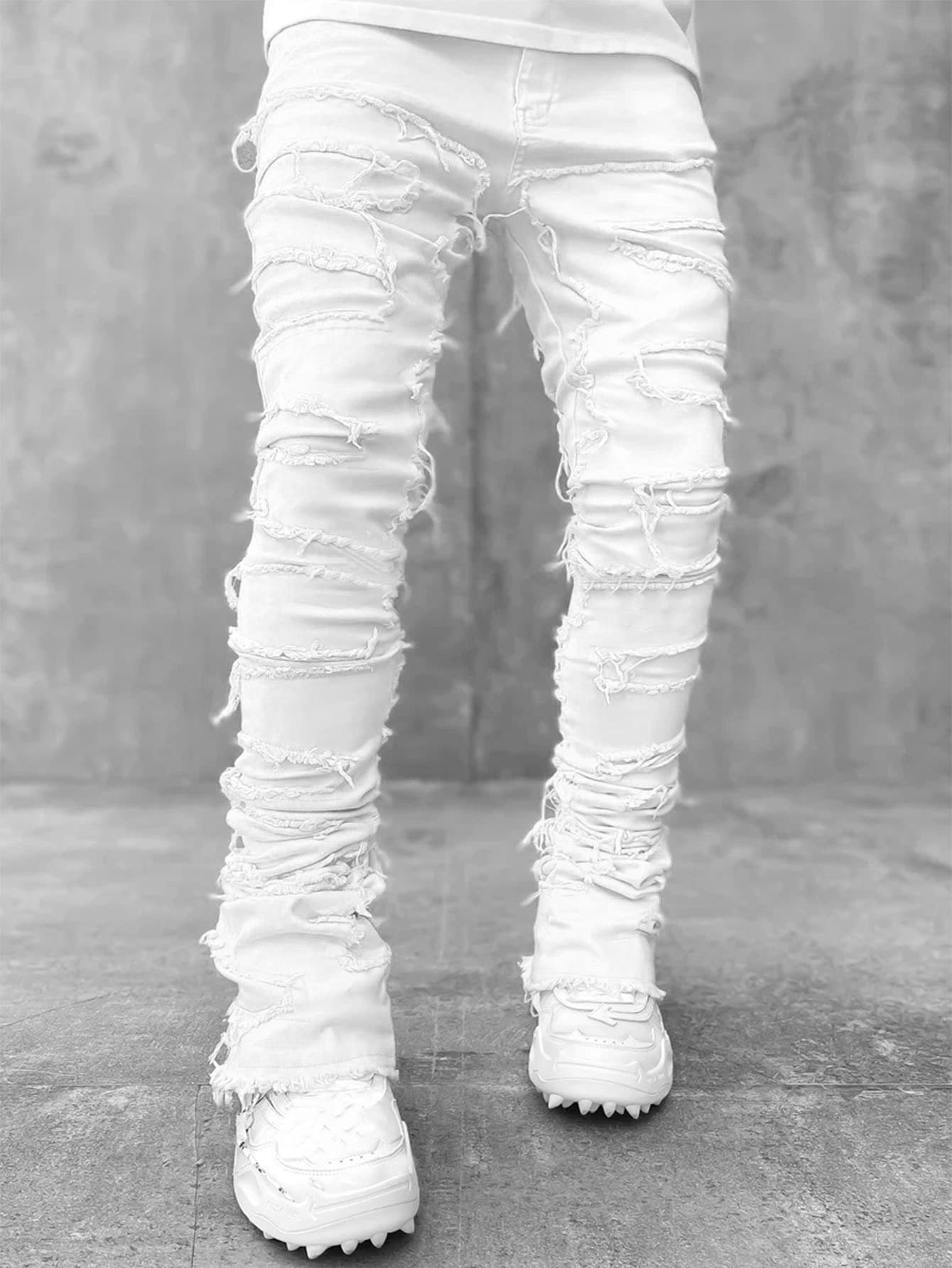 Ins Fringes Ripped Trousers Individual Patched Pants Long Tight Fit Stacked Jeans For Mens Clothing - image 4