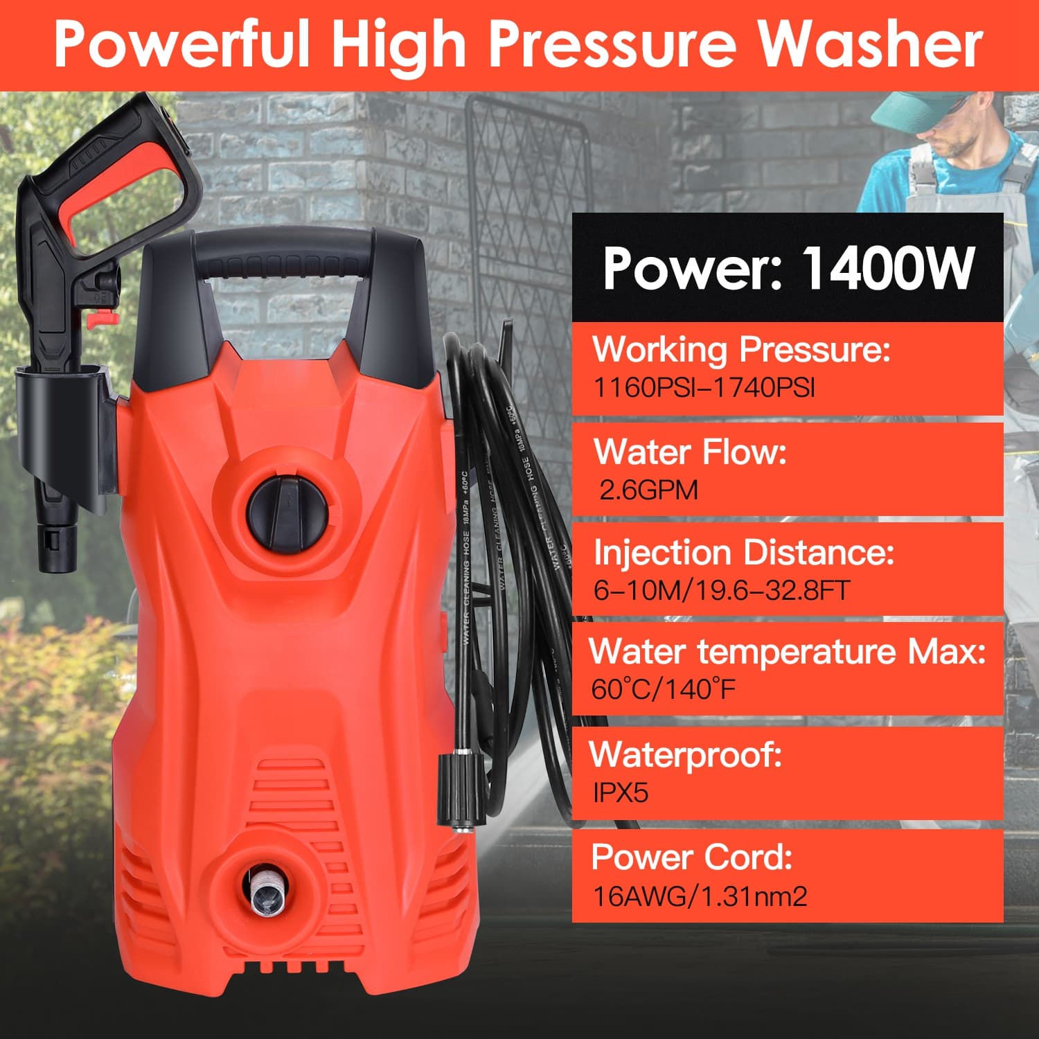 1Pc Electric High Pressure Washer 1740PSI  Powerful Car Washer Pressure Cleaner With Adjustable Spray Nozzle Soap Dispenser IPX5 Waterproof For Patio Garden Driveway - image 4