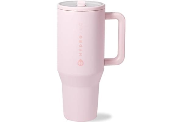 HydroJug Traveler - 32 oz Water Bottle with Handle & Flip Straw - Fits in Cup Holder, Leak Resistant Tumbler-Reusable Insulated Stainless Steel & Rubber Base - Gifts for Women & Men, Pink Sand