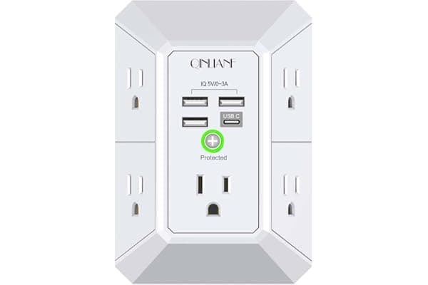 Wall Charger, Surge Protector, QINLIANF 5 Outlet Extender with 4 USB Charging Ports, 3-Sided 1680J Power Strip Multi Plug Adapter