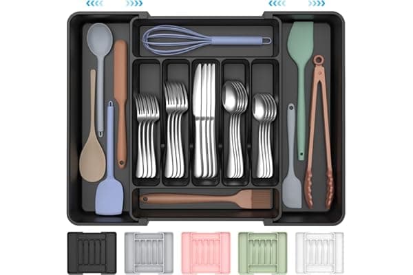 ukeetap Extra Large Expandable Silverware Organizer, BPA-Free Food-Safe Cutlery Flatware Organizer, Kitchen Utensil Drawer Organizer, Adjustable Silverware Holder for Spoons Forks Knives, Black