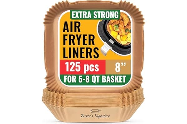 Air Fryer Paper Liners, 125Pcs Air Fryer Disposable Liners, Non-Stick and Oil Proof for Easy Cleanup, 8” Square for 5-8 qt Basket by Baker's Signature