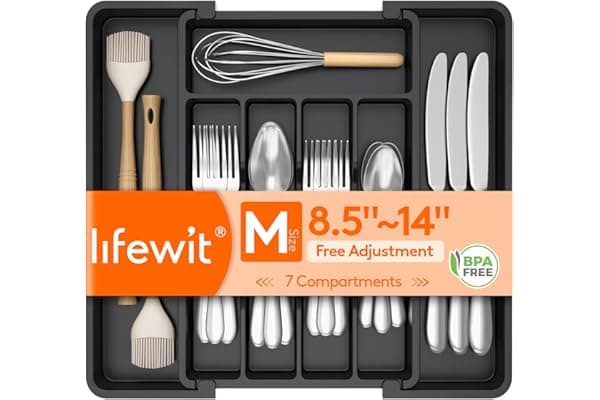 Lifewit Silverware Drawer Organizer, Expandable Utensil Tray for Kitchen, BPA Free Flatware and Cutlery Holder, Adjustable Plastic Storage for Spoons Forks Knives, 8.5-14 x 12", Black