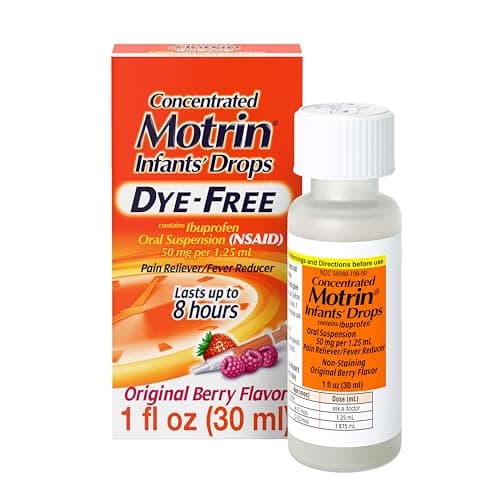 Motrin Infants Infant Ibuprofen Oral Suspension Concentrated Drops, NSAID Fever Reducer & Pain Reliever for Babies, Dye Free, Alcohol-Free, Berry Flavor, Includes Enclosed Syringe, 1 fl. oz