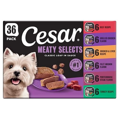 Cesar Wet Dog Food Classic Loaf in Sauce Grilled Chicken, Filet Mignon, Porterhouse Steak, Beef, Chicken & Liver and Turkey Variety Pack 3.5 oz. Easy Peel Trays (36 Count, Pack of 1)