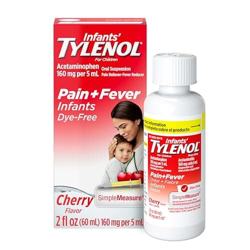 Infants' Tylenol Liquid Pain Reliever and Fever Reducer Medicine, Acetaminophen Oral Suspension for Sore Throat, Headache & Teething, Kids Fever Reducer; Dye-Free Cherry Flavor, 2 fl oz, Pack of 1