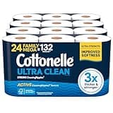 Cottonelle Ultra Clean Toilet Paper with Active CleaningRipples Texture, Strong Bath Tissue, 24 Family Mega Rolls = 132 Regular Rolls (4 Packs of 6)