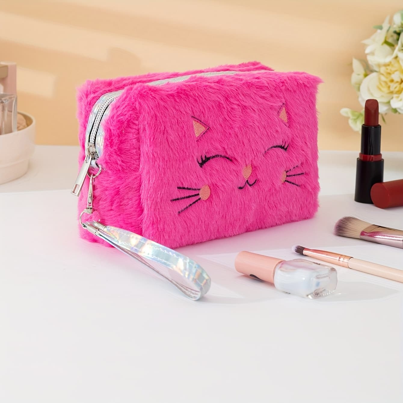 Chic Kitty Cartoon Makeup Bag - Spacious & Soft Plush With Zipper, Portable For Women