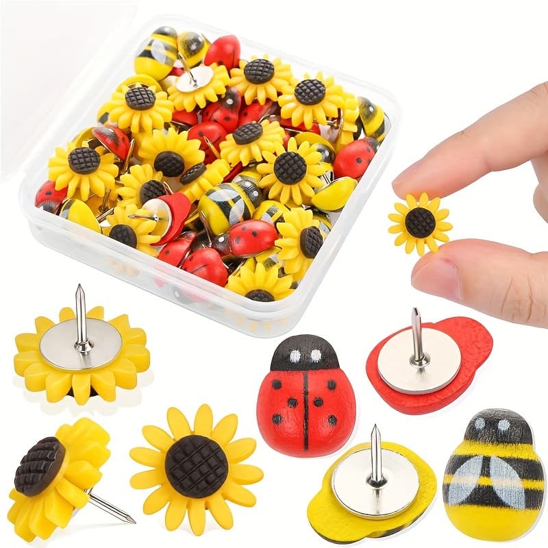 30pcs Sunflower Bee Ladybug Push Pins, Wooden Bee Ladybug Push Pins For Decorative , Thumbtacks For Bulletin Board, Photo Wall, Office Supplies