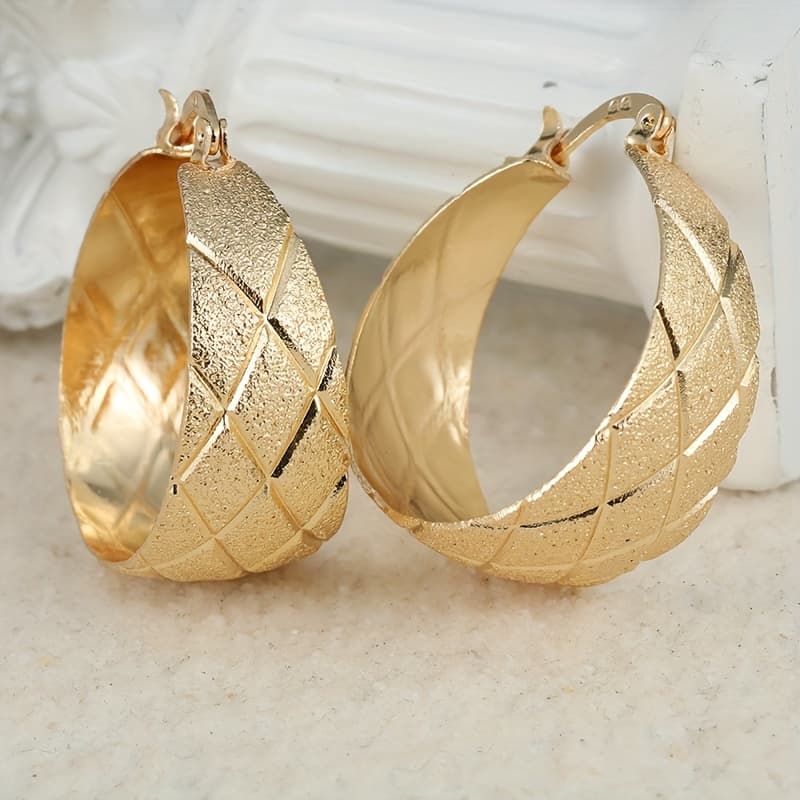 Bohemian Style Wide Face Hoop Earrings With Rhombus Pattern - Copper Jewelry For Women's Party Wear