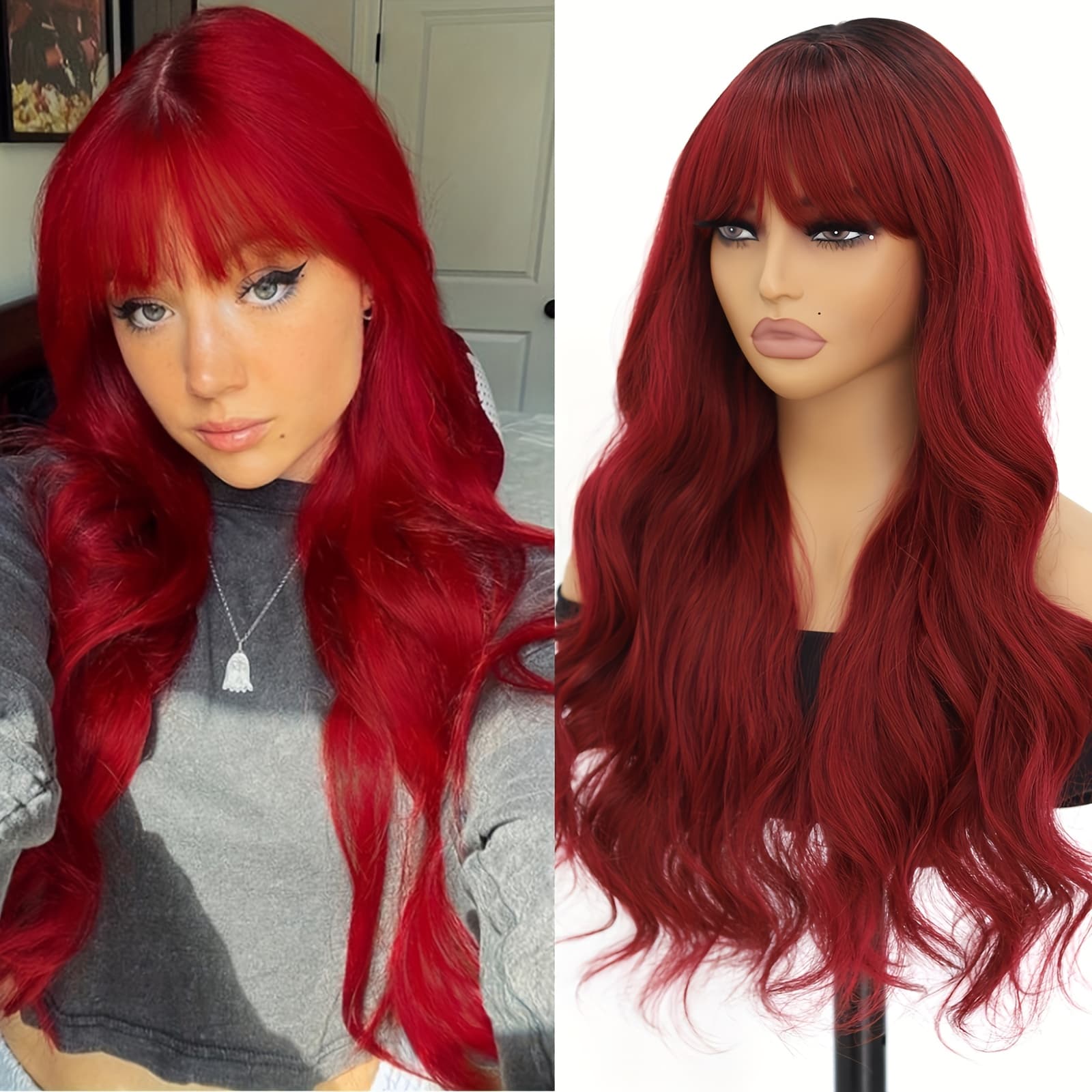 Ombre Red To Burgundy Long Curly Wig With Air Bangs - Heat Resistant Natural Synthetic Hair, 180% Density Body Wave Glueless Wig For Women, 26 Inch For Daily & Party Use