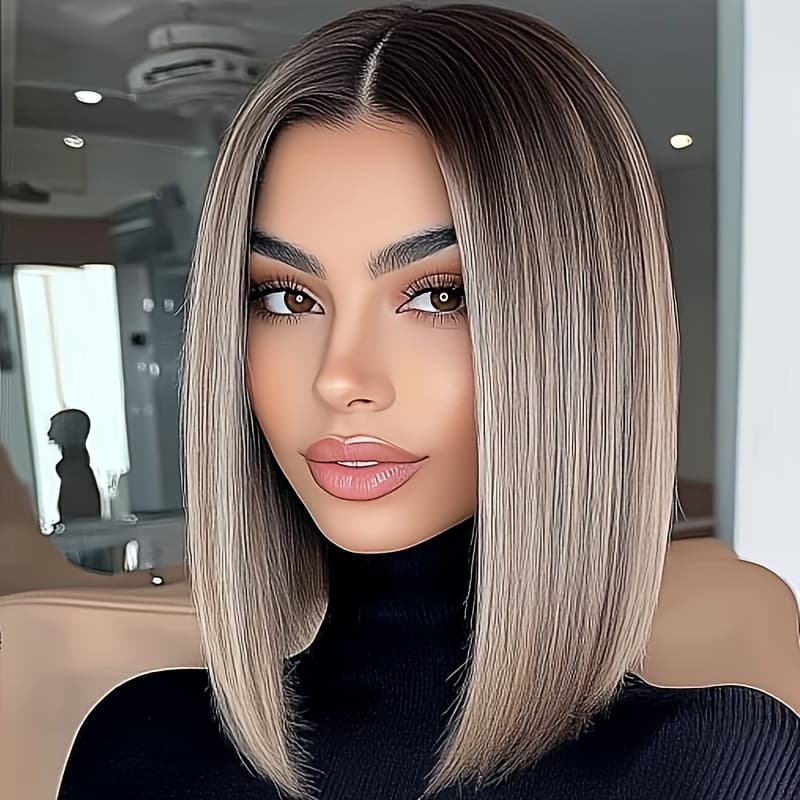 Short Natural Straight , With Dark Root, Synthetic Fiber Wig, , Very Natural, Look, , . , , Celebrations, Ceremonies, , 14inches