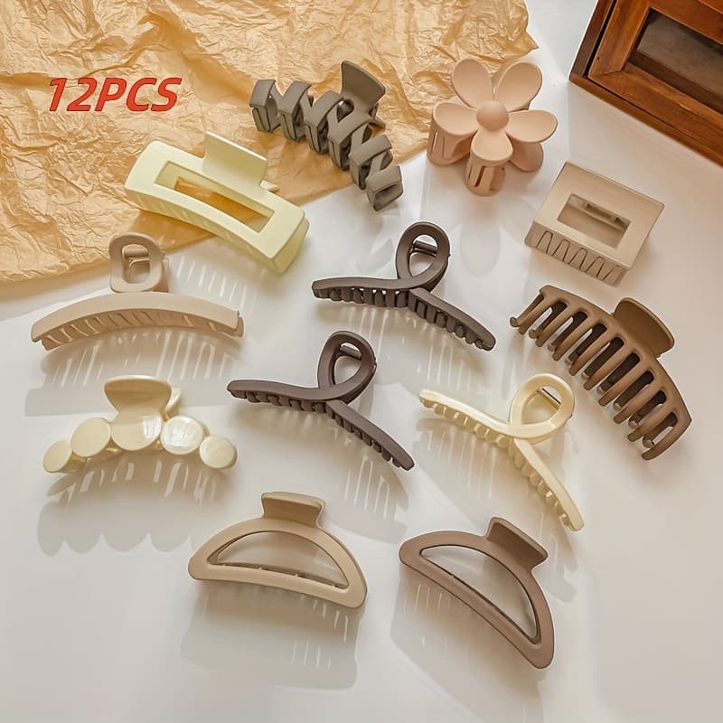12pcs Large Minimalist Elegant Hair Accessories Set, Hollow Geometric Flower Frosted Resin Clips Set, Simple Yet Claw Clips, Ideal Accessoriey For