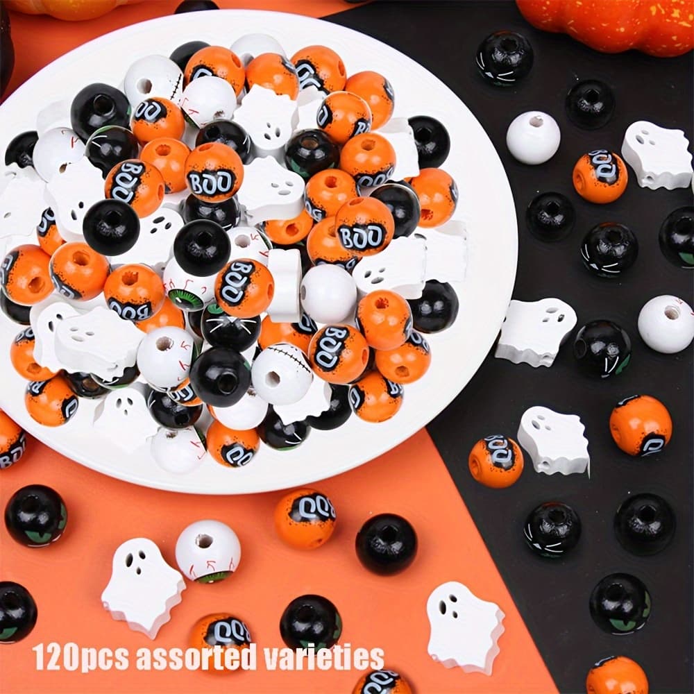 120pcs Halloween Wood Beads Boo Wood Beads Eye Ball Beads Diy Bead Charms Bracelet Necklace Making Accessories
