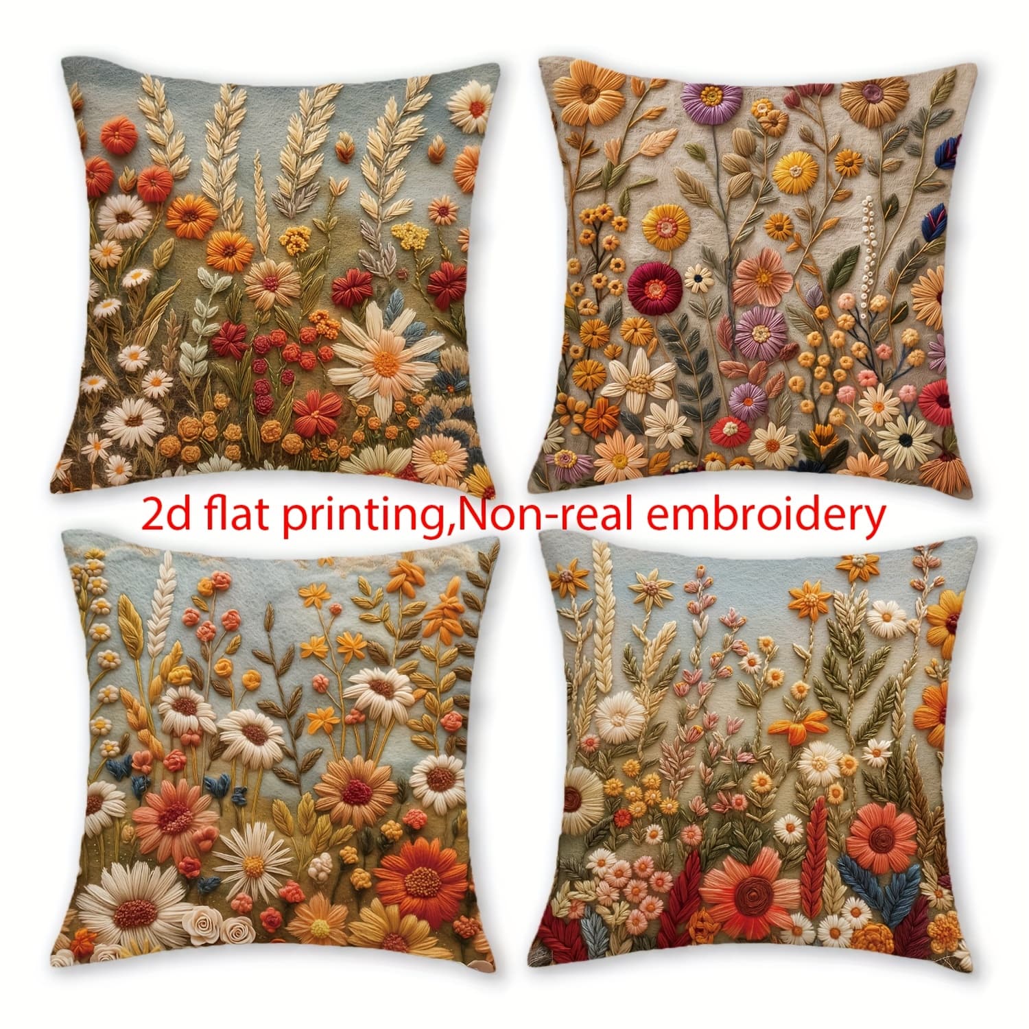 2d Flat - Set Of 4, 2d Flat Throw Pillow Covers Featuring Autumn Prints, Designed With Bohemian Style Flowers And Leaves, Non-real Embroidery Decor. Each Cover Measures 18 Inches By 18 Inches