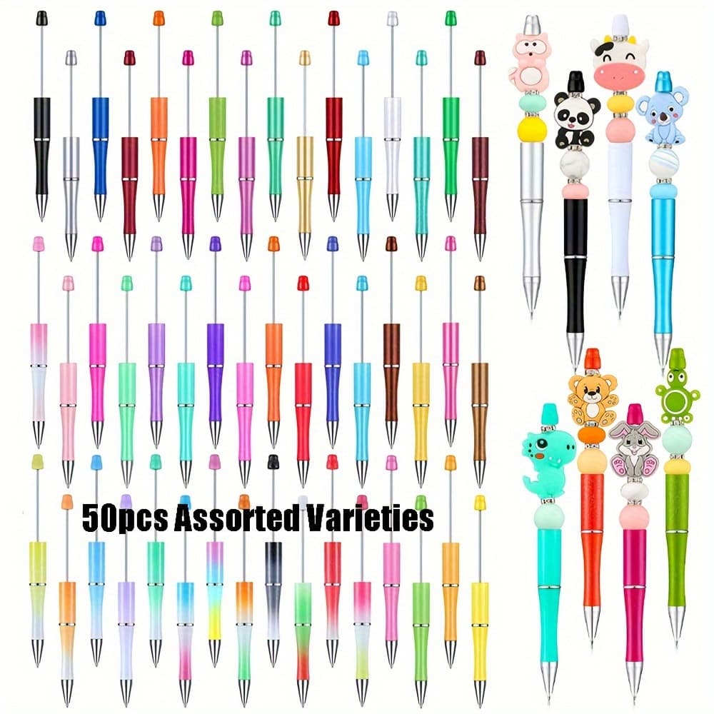 50pcs Mixed Beadable Pens Bulk Assorted Plastic Beaded Ballpoint Pen With Creative Diy Pen For Making Back-to-school Gifts Office School Supplies