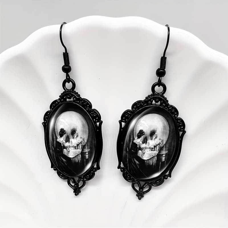 Funky Black Lace Skull Illusion Glass Drop Earrings - Fashion Statement Jewelry, Alloy & Iron