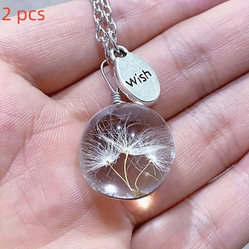 2 Dandelion Dry Flower Necklace, Time Gem Glass Ball Pendant Necklace Dry Flower Pendant Necklace