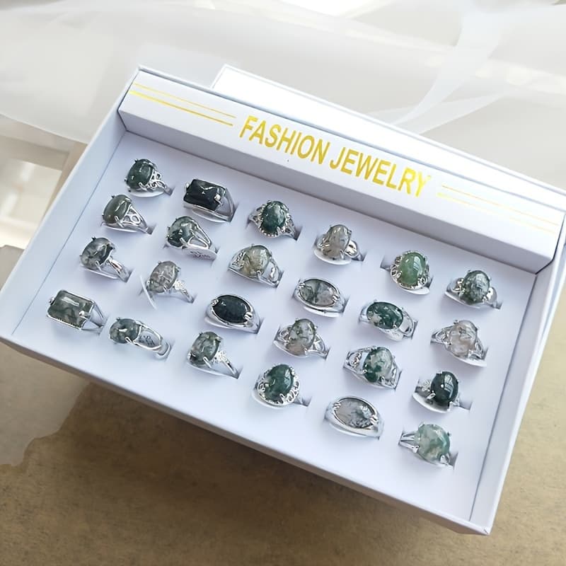 Set Of 24 Stone Rings In A Box, Featuring Agate For Engagement, Stackable Midi Rings For Girls, Wedding Promise Jewelry Gifts For Women
