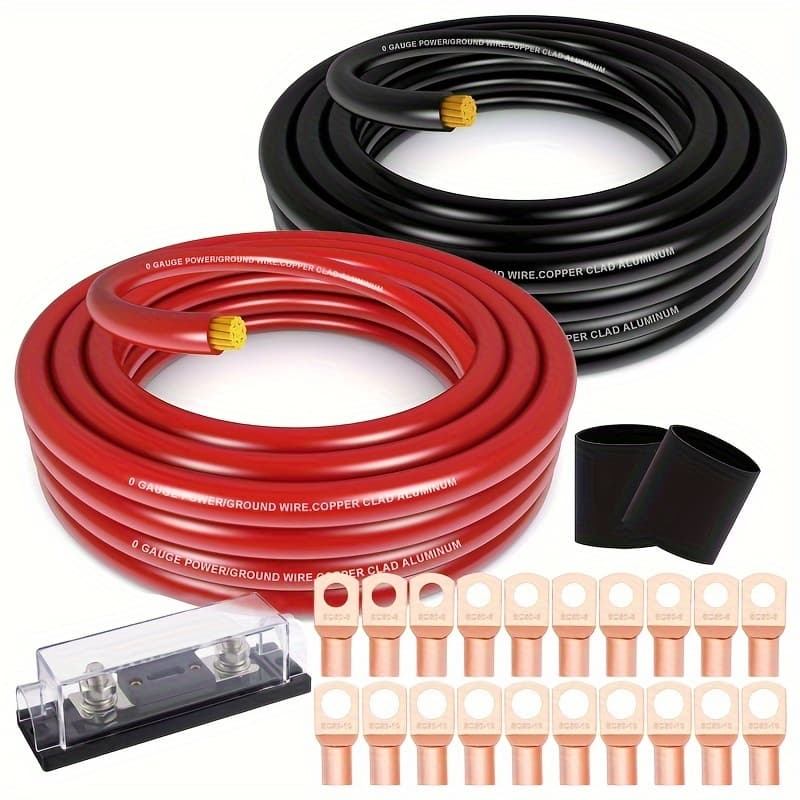 1/0 Gauge Wire Copper Clad Aluminum Cca (40ft Black/red), (50ft Black/red) With 0ga Strip, 250a Anl Fuse Holder And Tube - /ground Cable, Car Stereo Speaker, Rv Trailer Amp Wiring Kit