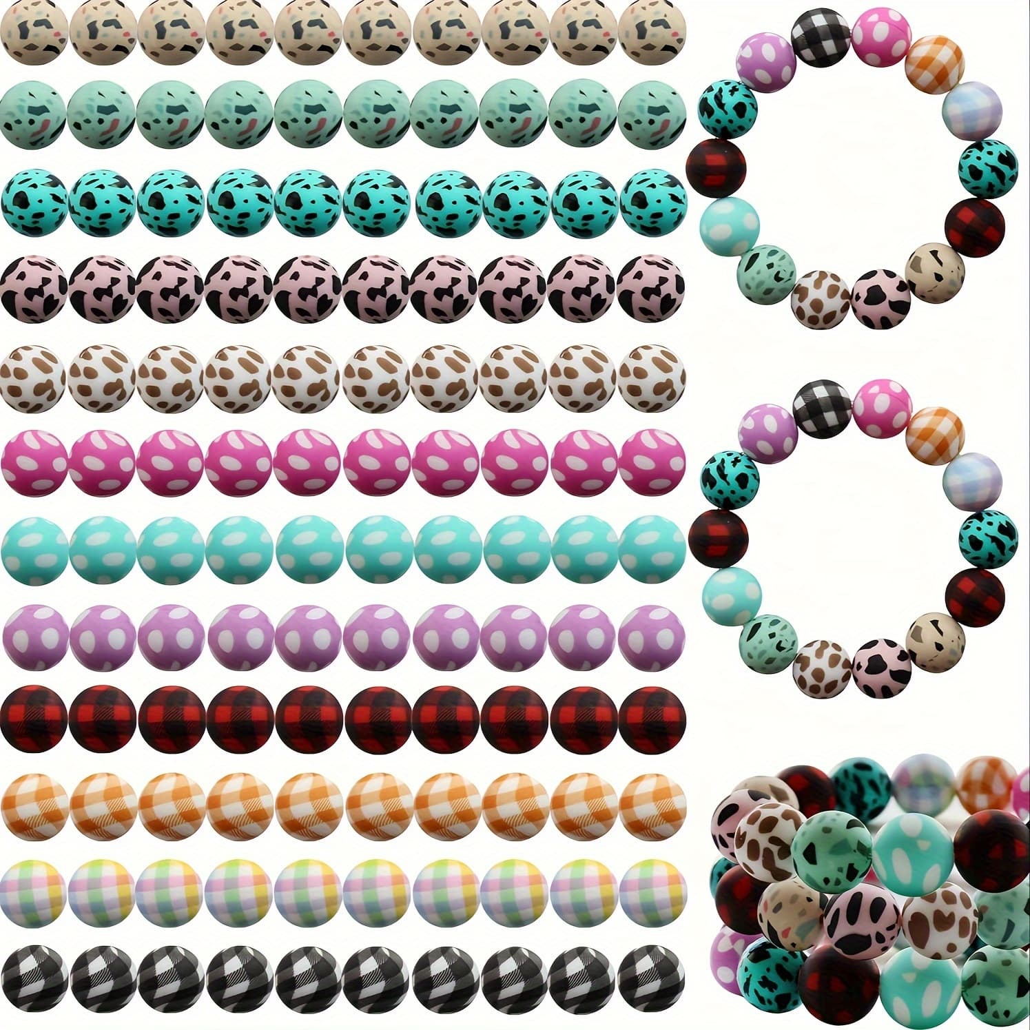 120pcs 15mm Printed Graphics In Bulk Silicone Bead Pens And Keychains, Large Bead Necklaces And Bracelets, Rubber Bead Sets