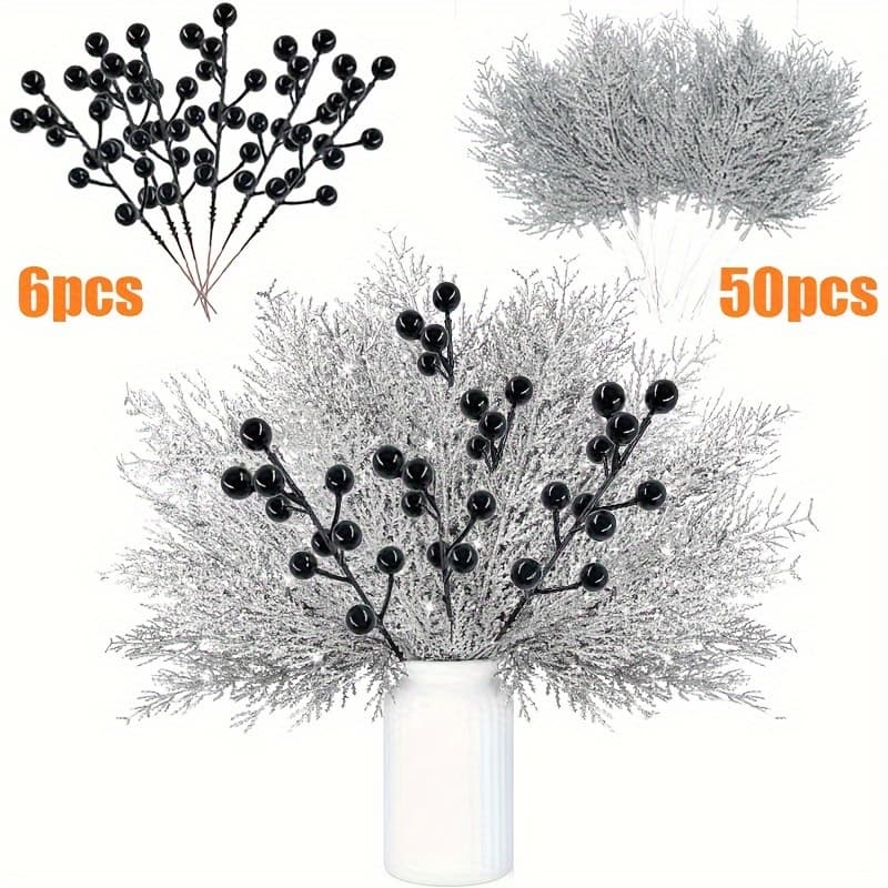 50 Pcs 14 Inch Christmas Silvery Artificial Pine Branches- 6 Pcs 7.8 Inch Glitter Fake Foliage Pine Stems Picks- Silvery Leaves Artificial Pine Needles For Diy Christmas Wreath Home Decoration
