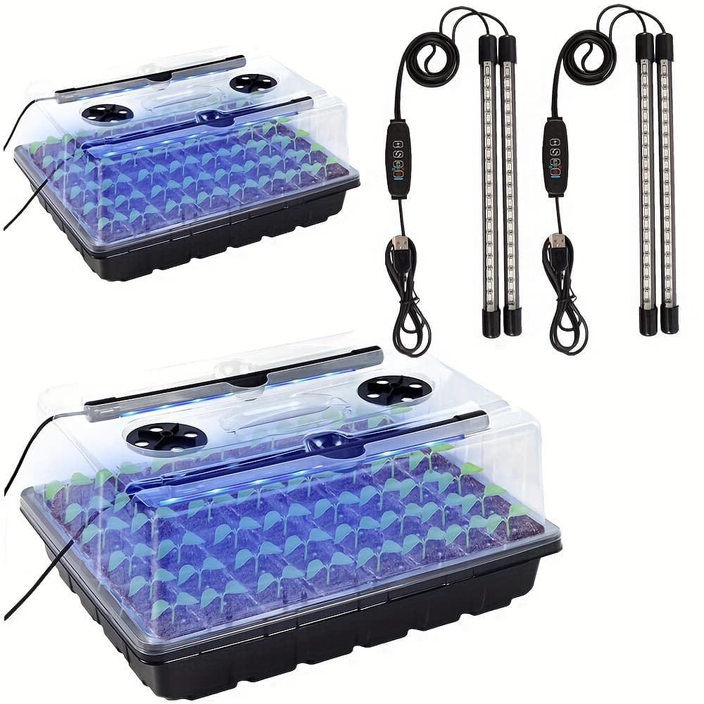 2 Sets Of Seed Starter Tray With Growth Light, 2 Sets Of 96 Cell Seedling Tray Kit With Humidity Dome/ Starter Kit, Adjustable Brightness Plant Germination Tray Timer 3/9/12 Hours