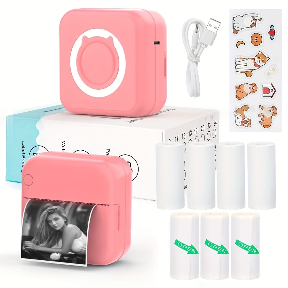 Mini Sticker Printer - A Mini Pocket Printer For Iphone, With 7 Rolls Of Thermal Paper And , Suitable For Diaries, , And Photos