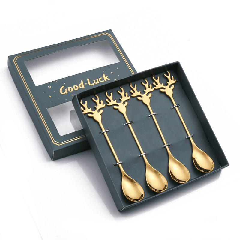 4pcs/ Set Deer Head Shape 304 Stainless Steel Stirring Spoon Romantic Christmas Elk Coffee Dessert Spoon Exquisite Tableware Party Gift