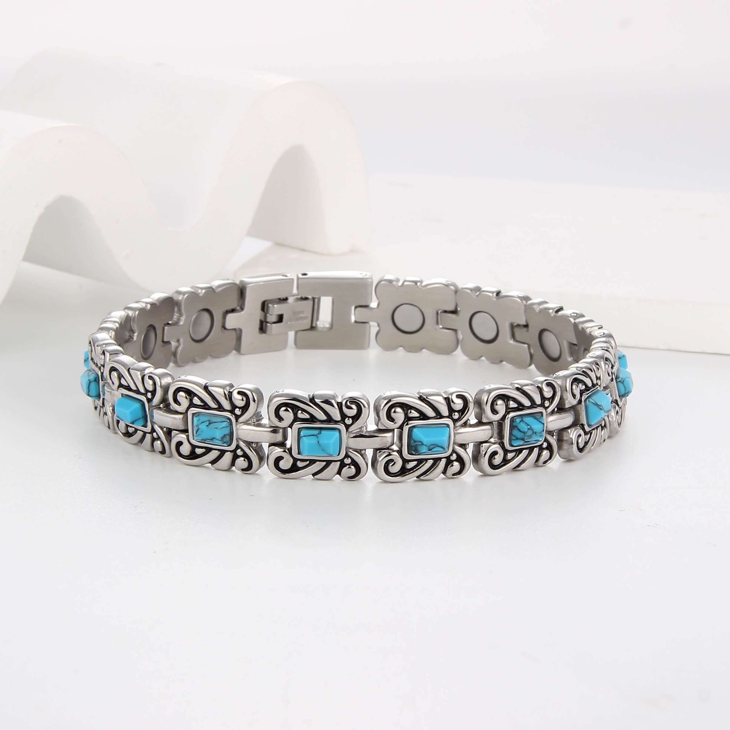 1pc Magnetic Turquoise Stainless Steel Bracelet For Women And Men, Stainless Steel Magnetic Bracelet With Sizing Tool Magnets Jewelry Gifts