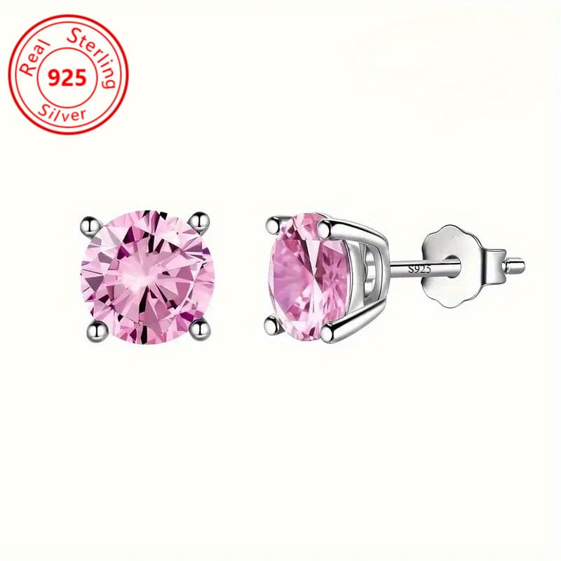 1 Pair Of Elegant Pink Zirconia Round Zirconia 925 Sterling Silver Stud Earrings - Hypoallergenic - Any Occasion Party Everything Jewelry - Valentine's Day Gift