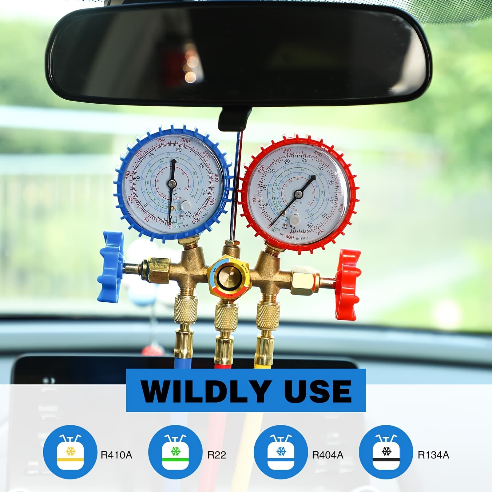 Ac Pressure Gauges And Manifold Gauge Set Compatible With R12, R22, R404a, And R134a, Featuring A 3-way Design For Vehicles, Complete With 5-foot Hoses, Couplers, And A Puncturing Adapter